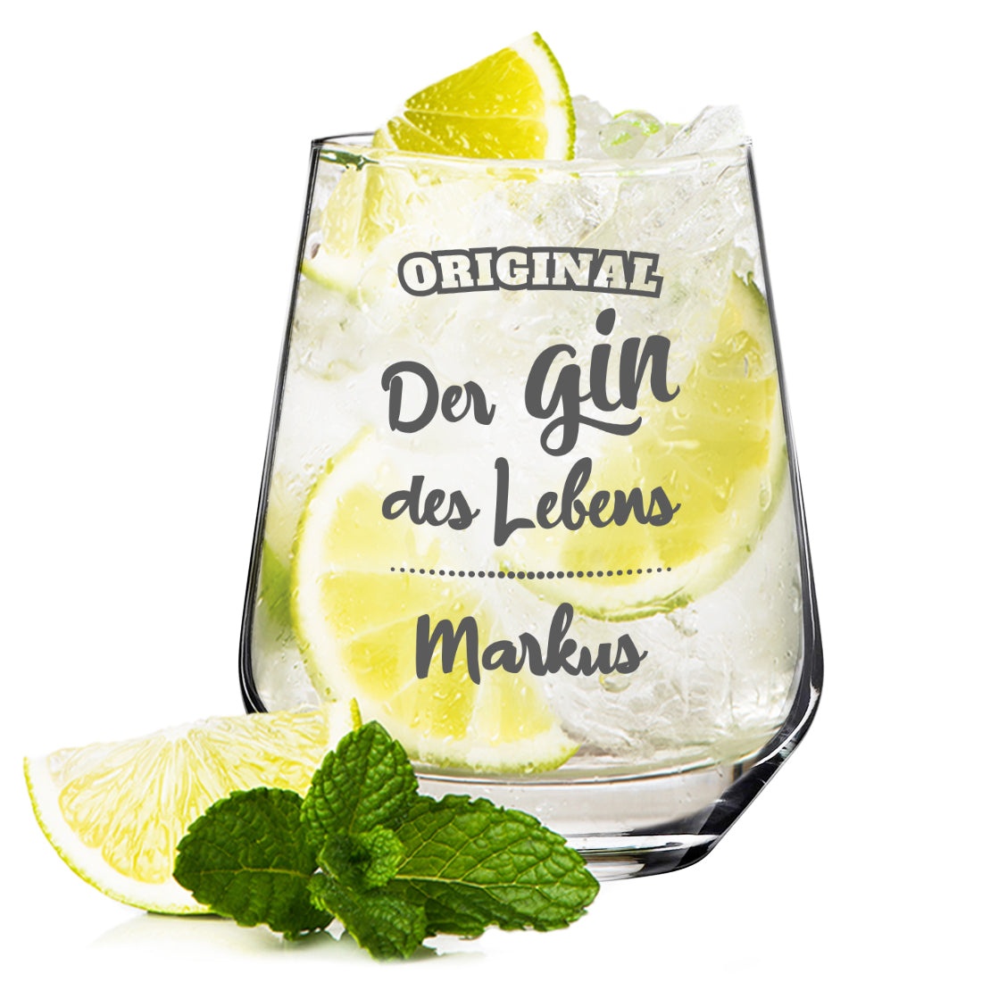 Elegantes Gin Glas 425 ml mit Gravur "Der Gin des Lebens"