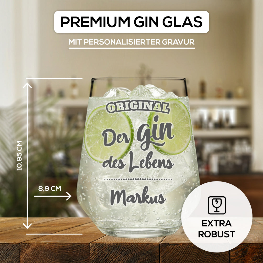 Elegantes Gin Glas 425 ml mit Gravur "Der Gin des Lebens"