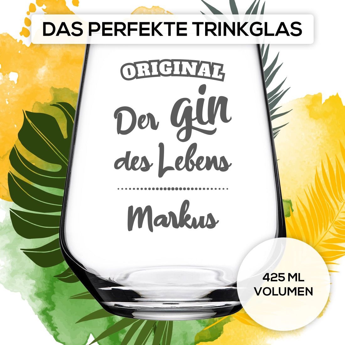 Elegantes Gin Glas 425 ml mit Gravur "Der Gin des Lebens"