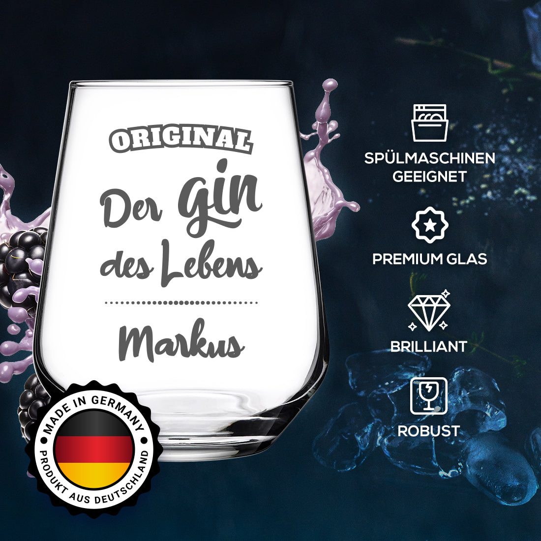 Elegantes Gin Glas 425 ml mit Gravur "Der Gin des Lebens"