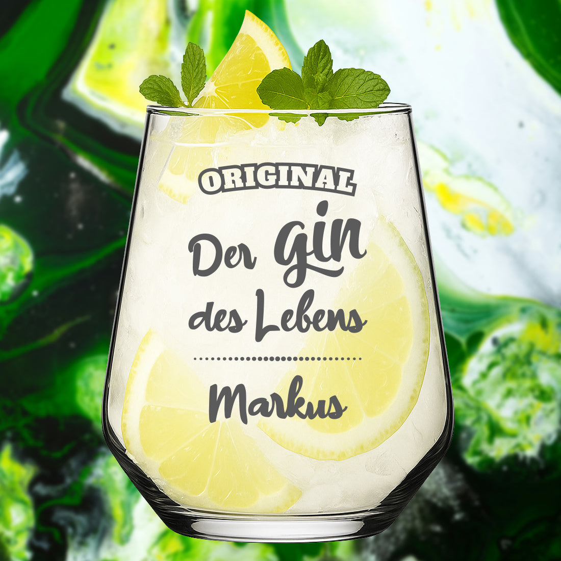 Elegantes Gin Glas 425 ml mit Gravur "Der Gin des Lebens"
