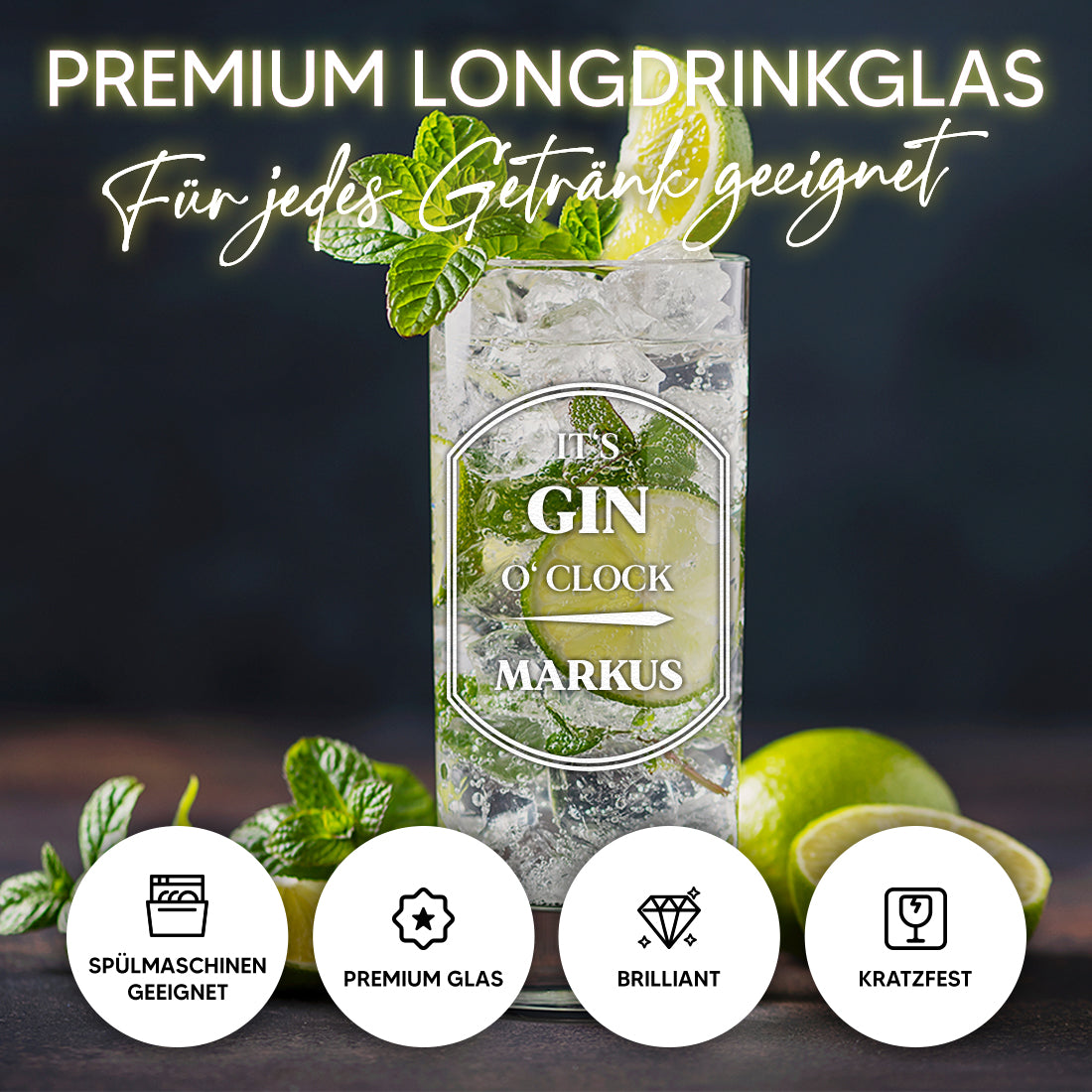 Gin Glas 485 ml mit Gravur - It's Gin o'clock