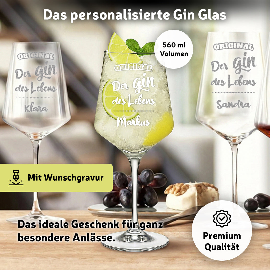 Gin Glas 560 ml modern mit Gravur - "Der Gin des Lebens"