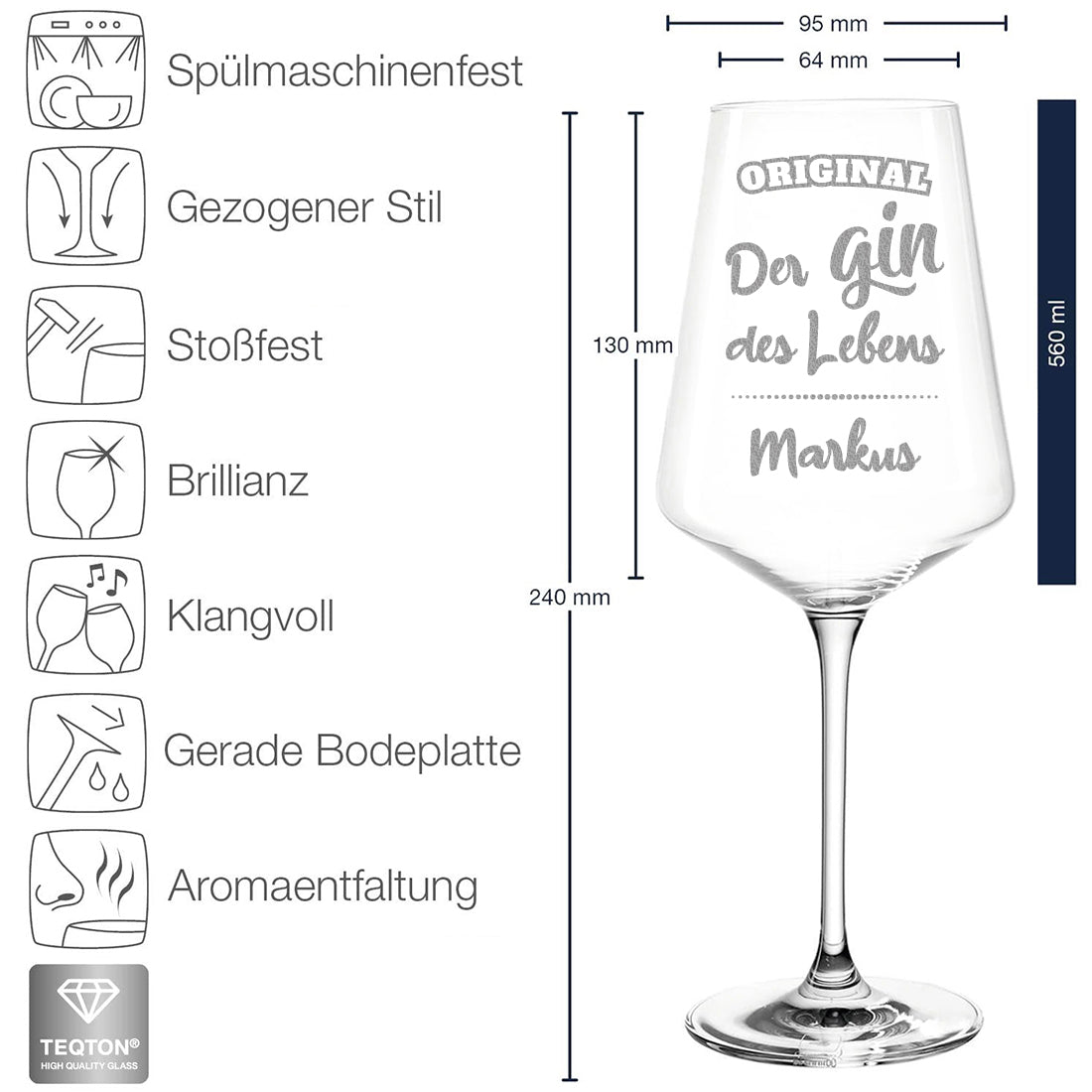 Gin Glas 560 ml modern mit Gravur - "Der Gin des Lebens"
