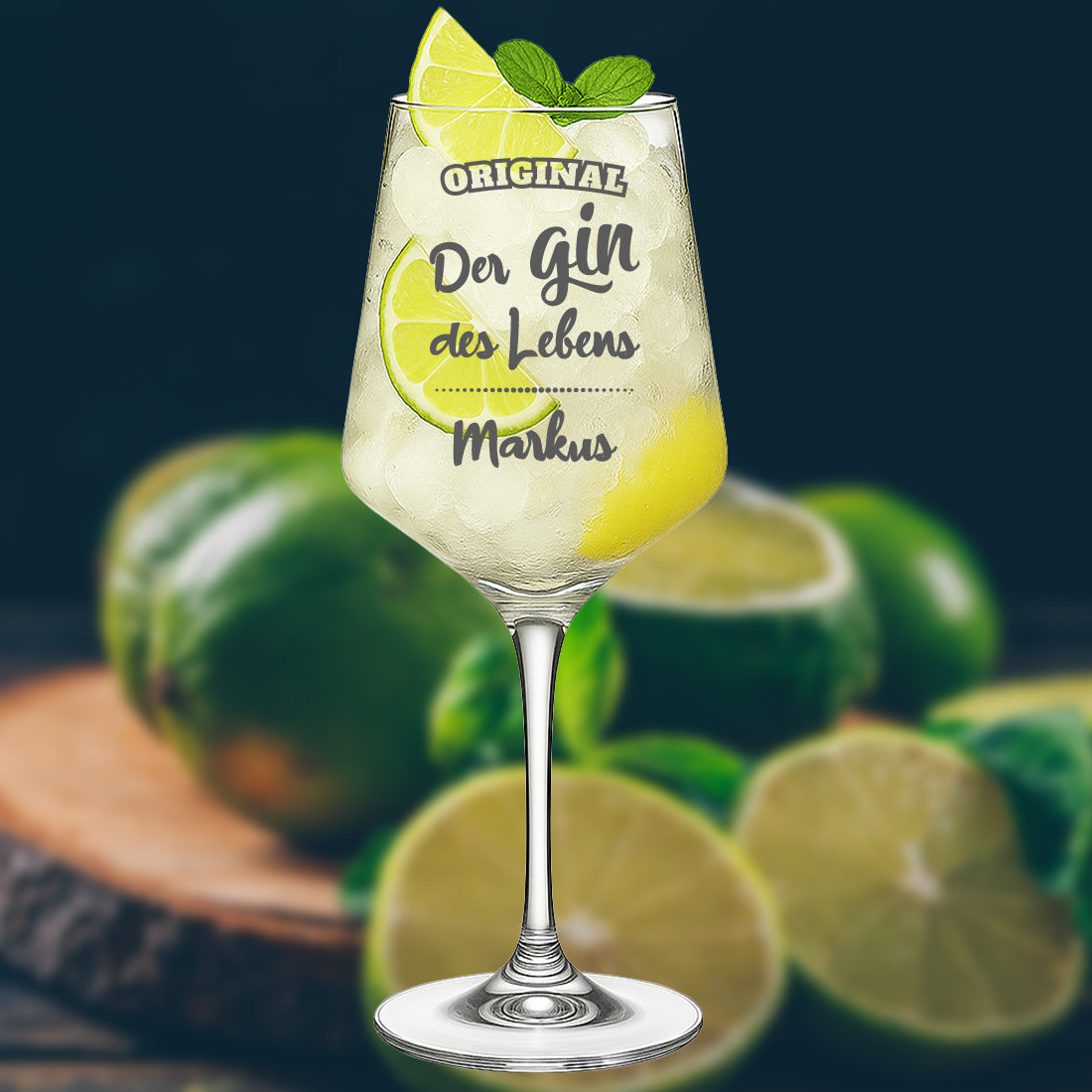 Gin Glas 560 ml modern mit Gravur - "Der Gin des Lebens"