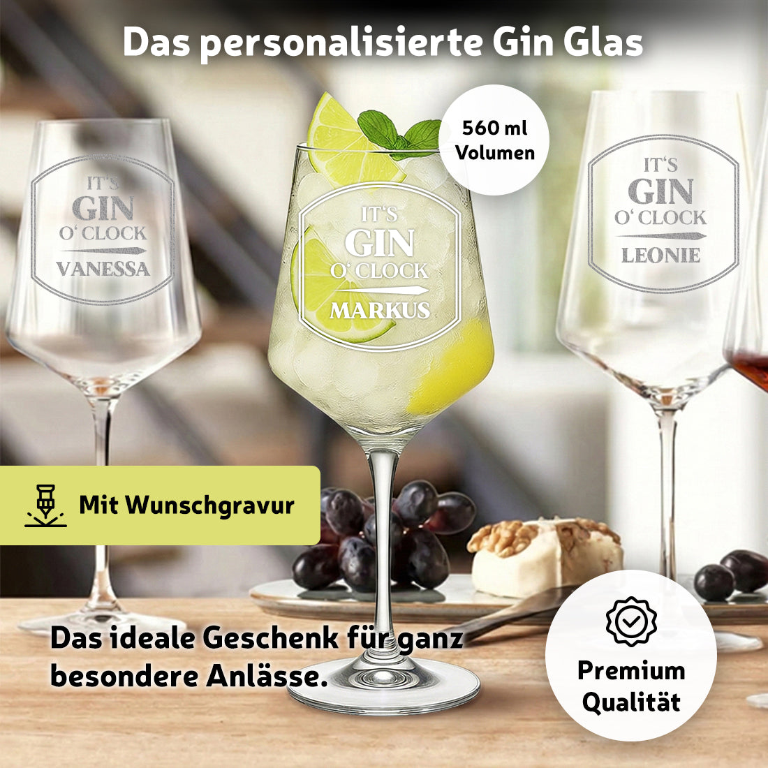 Gin Tonic Glas 560 ml mit Gravur - Motiv "It's Gin o'clock"