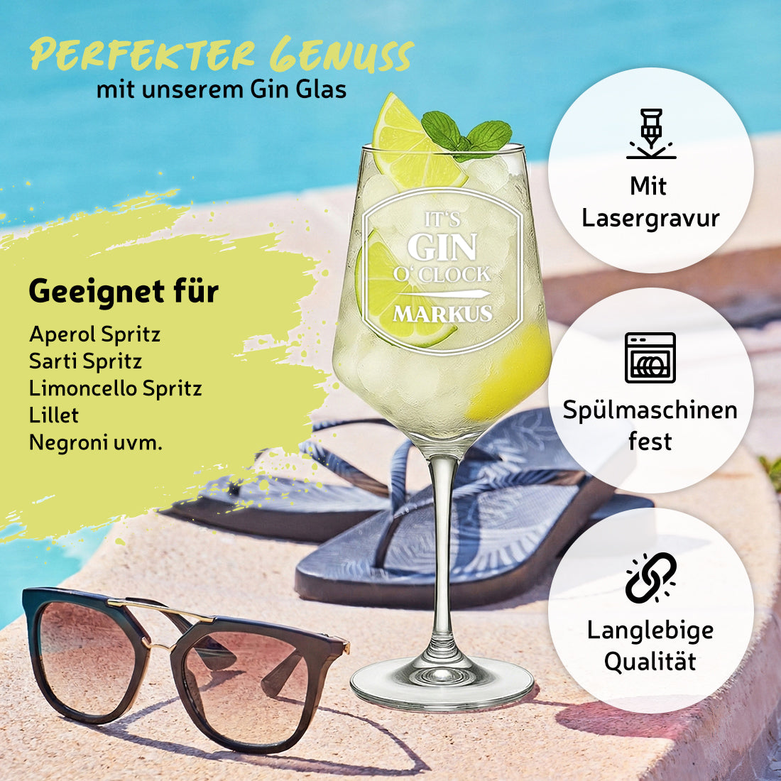Gin Tonic Glas 560 ml mit Gravur - Motiv "It's Gin o'clock"