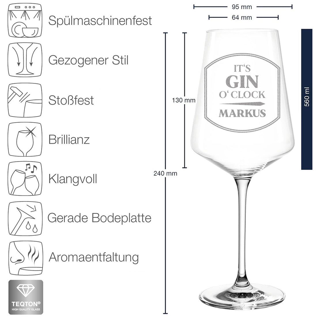 Gin Tonic Glas 560 ml mit Gravur - Motiv "It's Gin o'clock"
