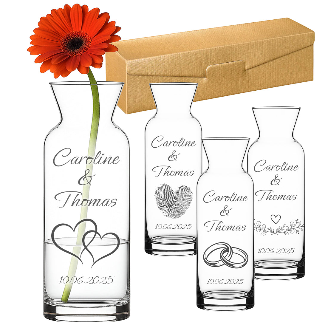 Personalisierte Glasvase zur Hochzeit mit Gravur Caroline und Thomas in edler Geschenkschachtel mit roter Blume