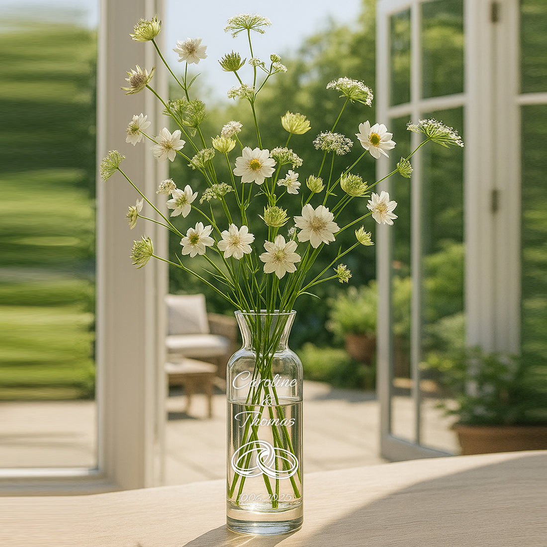 Schlanke gravierte Glasvase mit weißen Blumen als Dekoration auf einem Tisch im Wohnzimmer