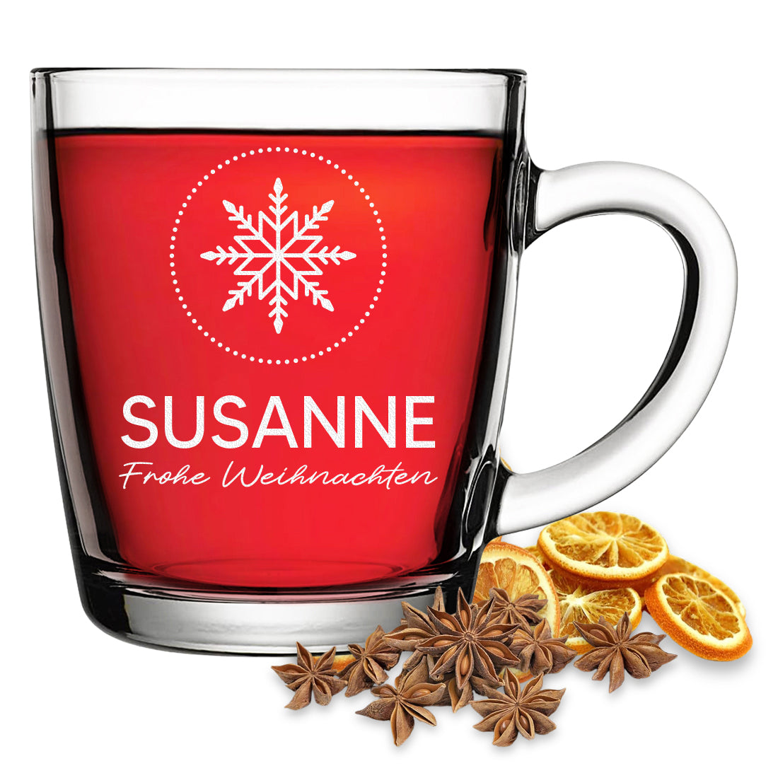 Glühweinglas mit Motiv Frohe Weihnachten und Beispielgravur Susanne vor weißem Hintergrund