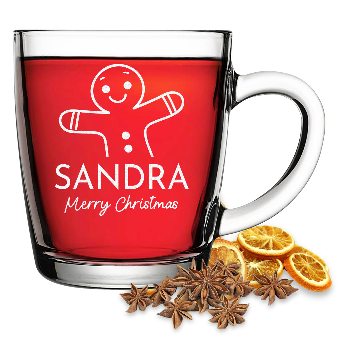 Glühweinglas mit Motiv Merry Christmas und Beispielgravur Sandra vor weißem Hintergrund