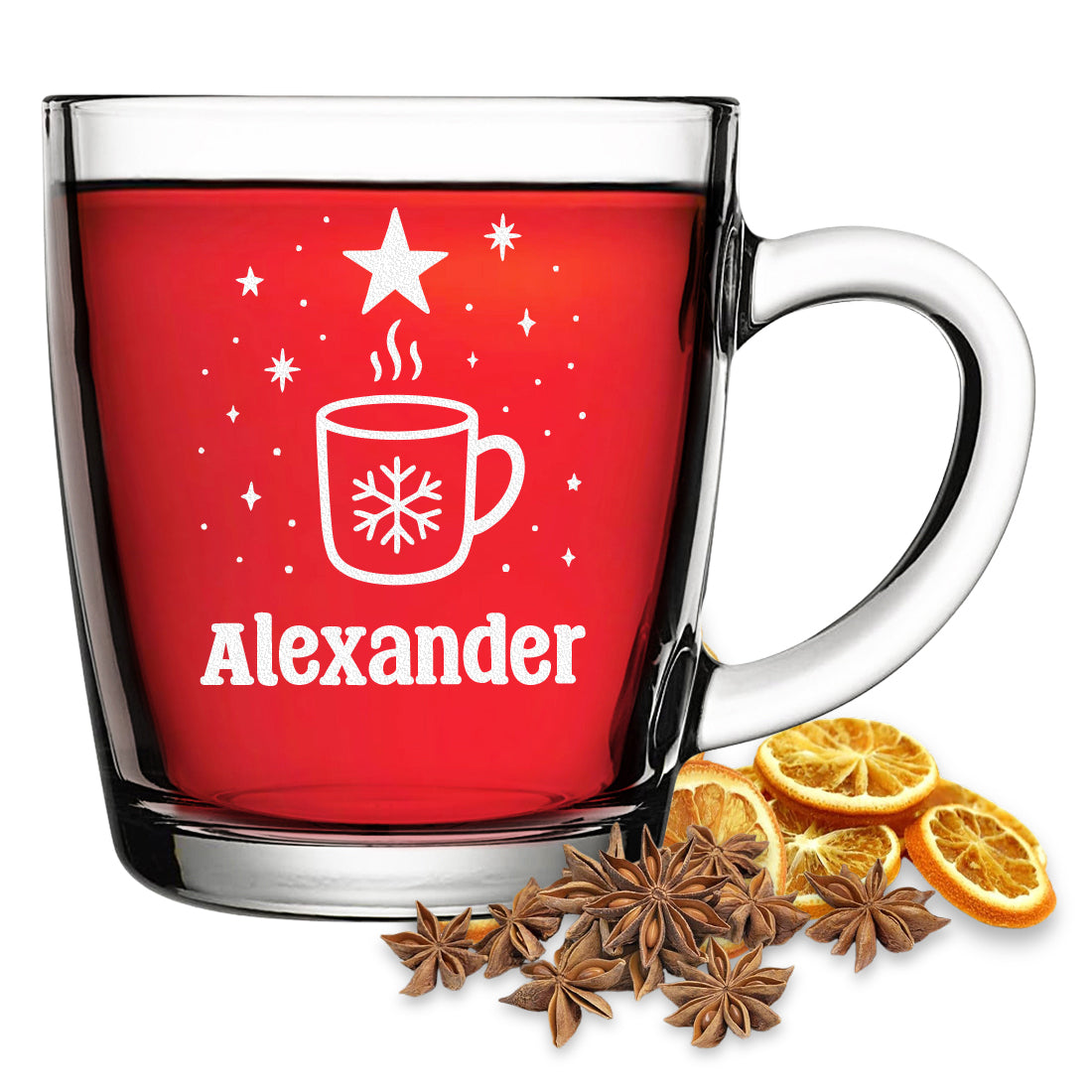 Glühweinglas mit Glühweinbecher-Motiv und Beispielgravur Alexander vor weißem Hintergrund