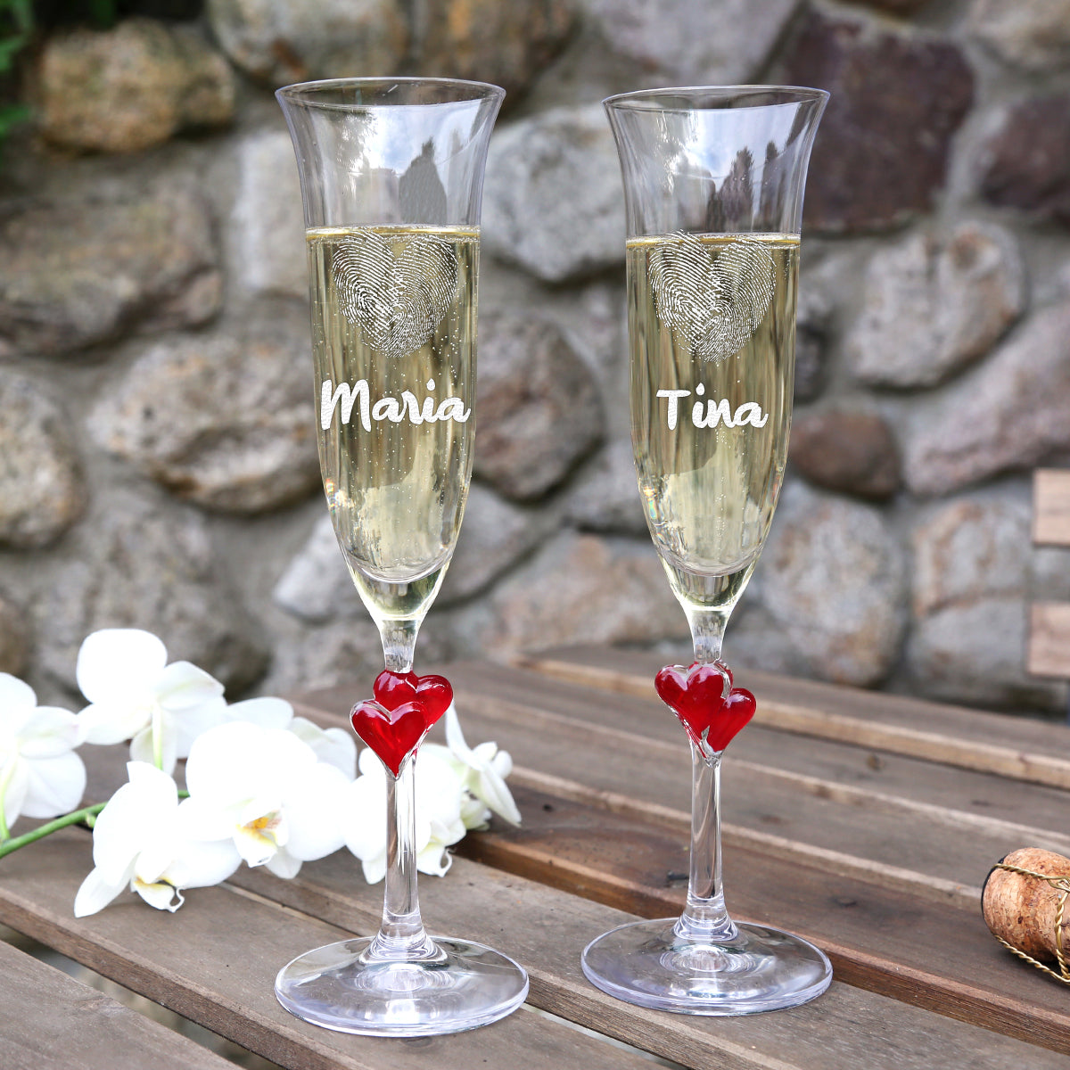 Sektglas 175 ml rote Herzen mit Gravur - Motiv Herz-Fingerabdruck