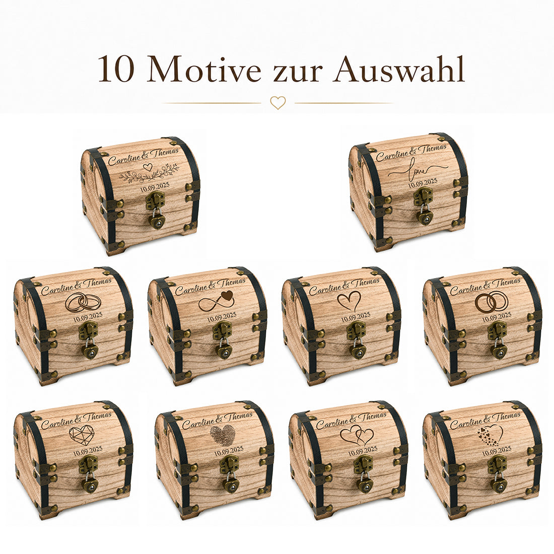 Übersicht der 10 wählbaren Hochzeitsmotive für die personalisierte Holztruhe