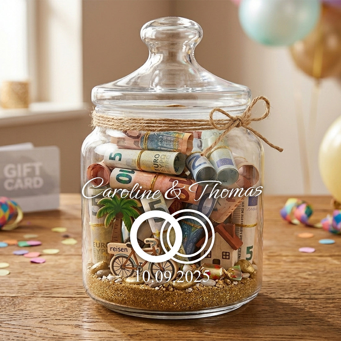 Personalisiertes Vorratsglas kreativ als Geldgeschenk zur Hochzeit mit Geldscheinen gefüllt