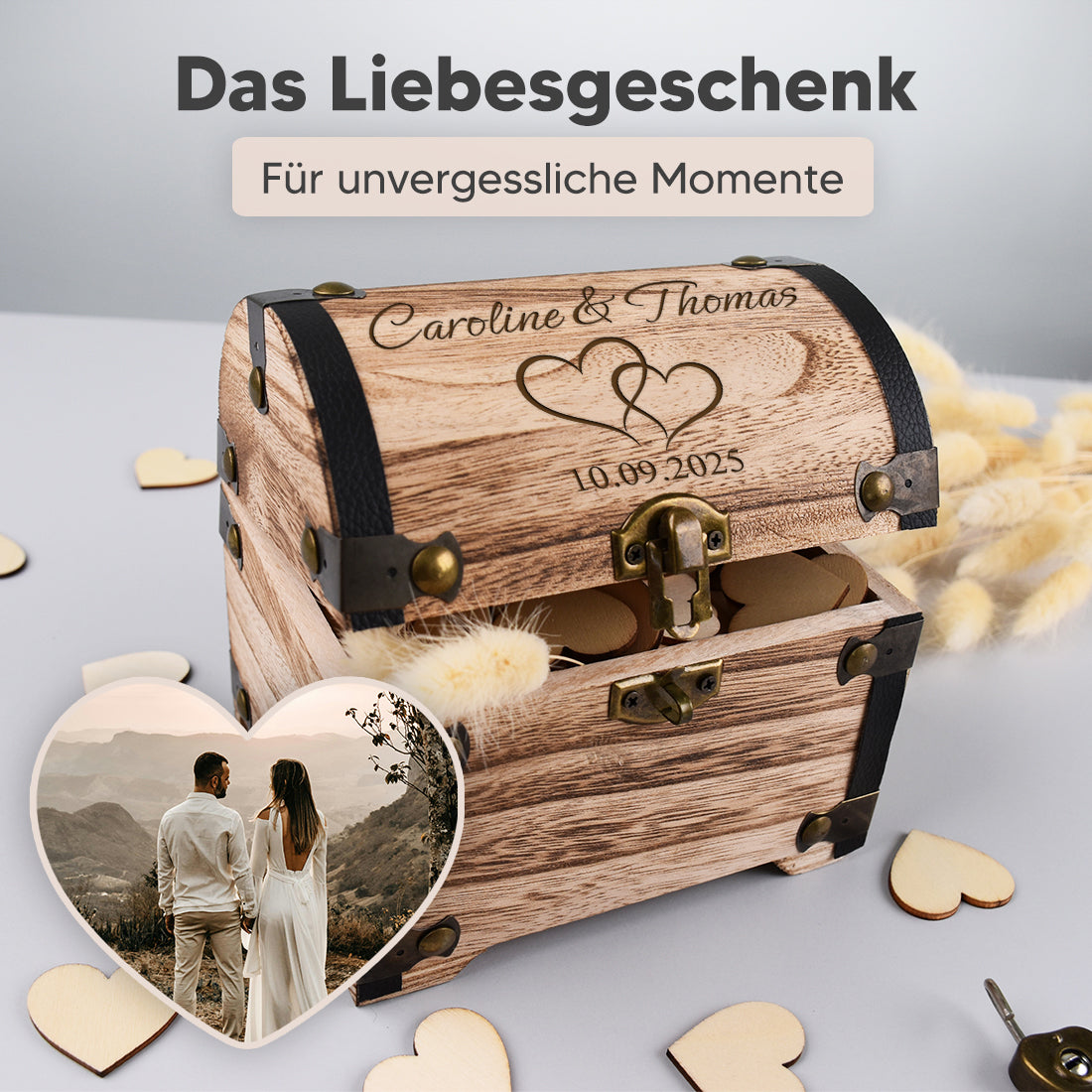 Rustikale Holztruhe mit Metallbeschlägen im Vintage-Stil für Brautpaare