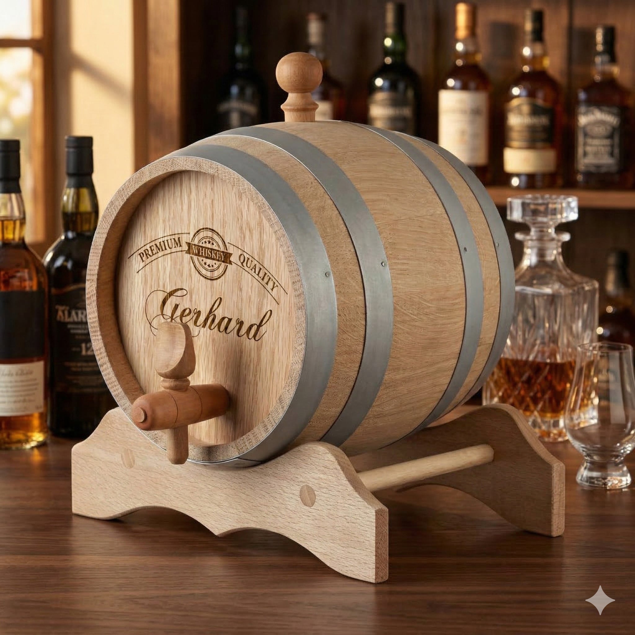 Whiskyfass aus Eichenholz mit Wunschgravur - Motiv Premium Quality