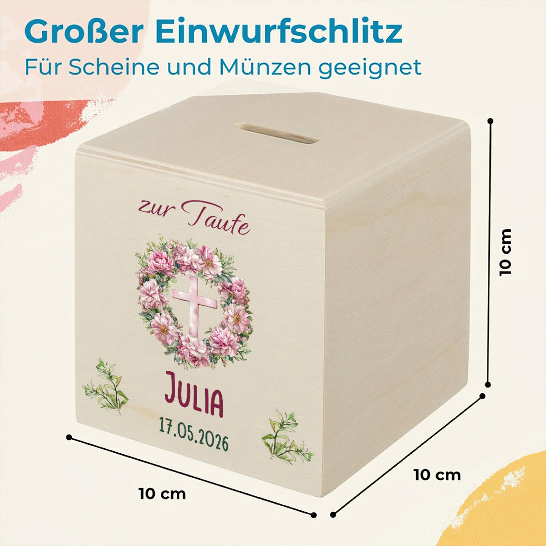 Detailansicht des hochwertigen UV-Farbdrucks auf der glatten Oberfläche der Mädchen-Spardose.