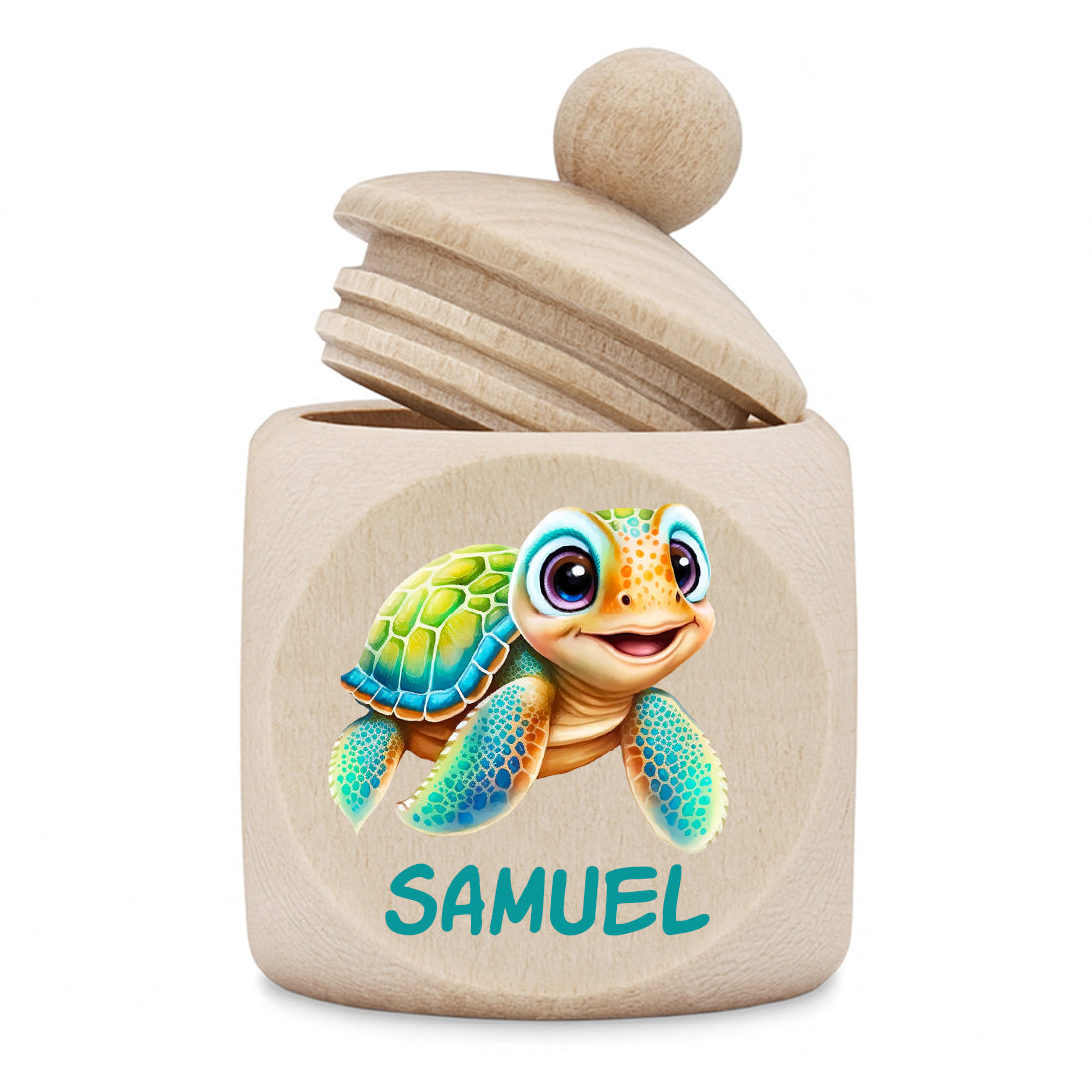 Personalisierte Holz-Zahndose für Jungen mit Schildkröte und Name