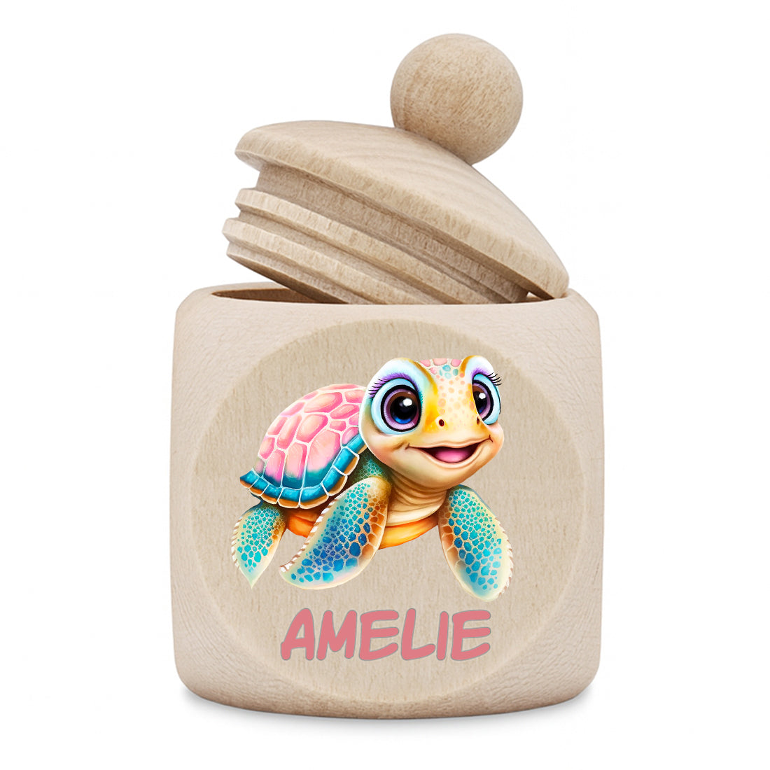 Personalisierte Holz-Zahndose für Mädchen mit Name und Schildkröte