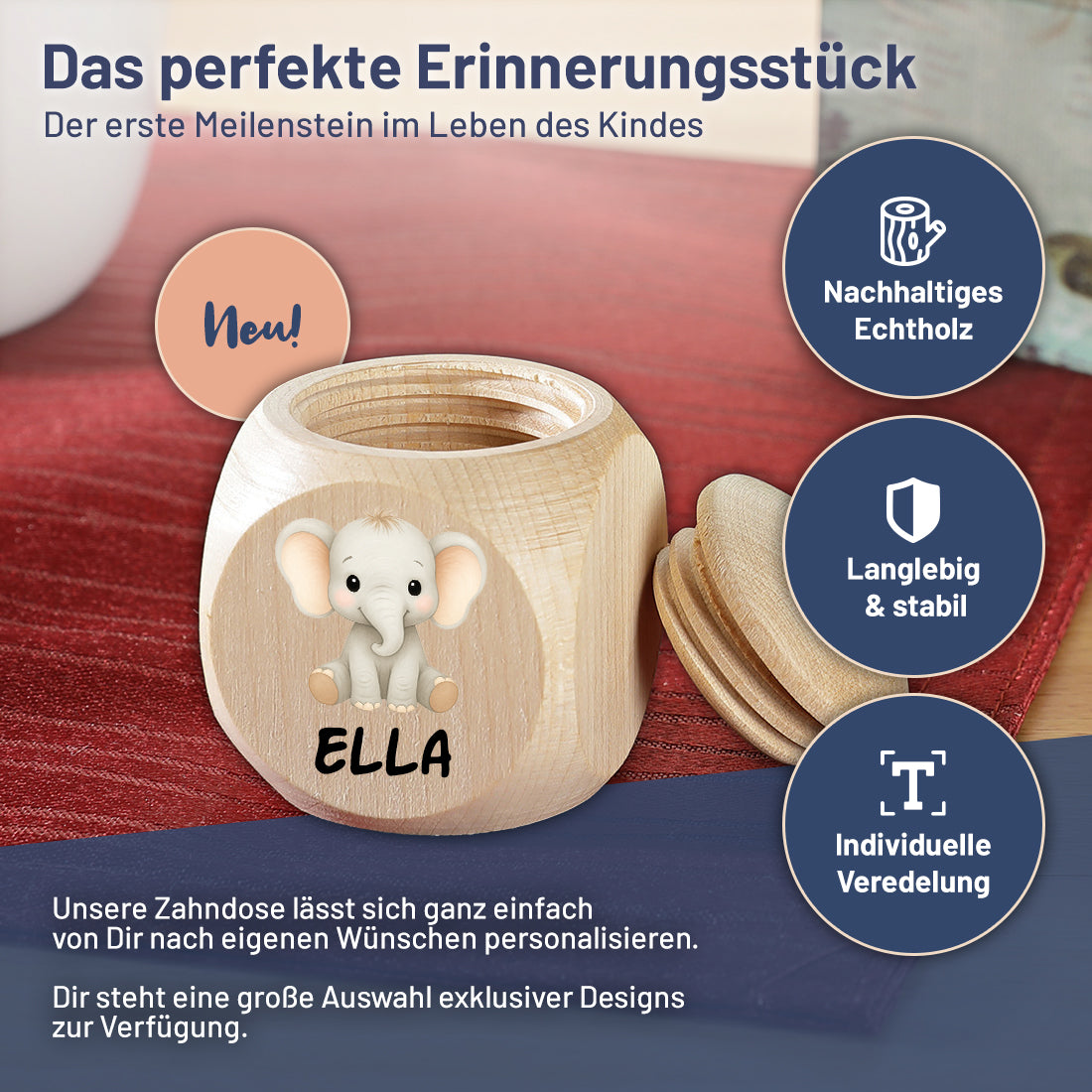 Holz-Zahndose mit Schraubverschluss und hochwertigem UV-Druck als Erinnerung an die ersten Milchzähne.