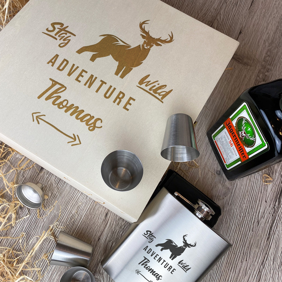 3-Teiliges Geschenkset mit Jägermeister & Flachmann