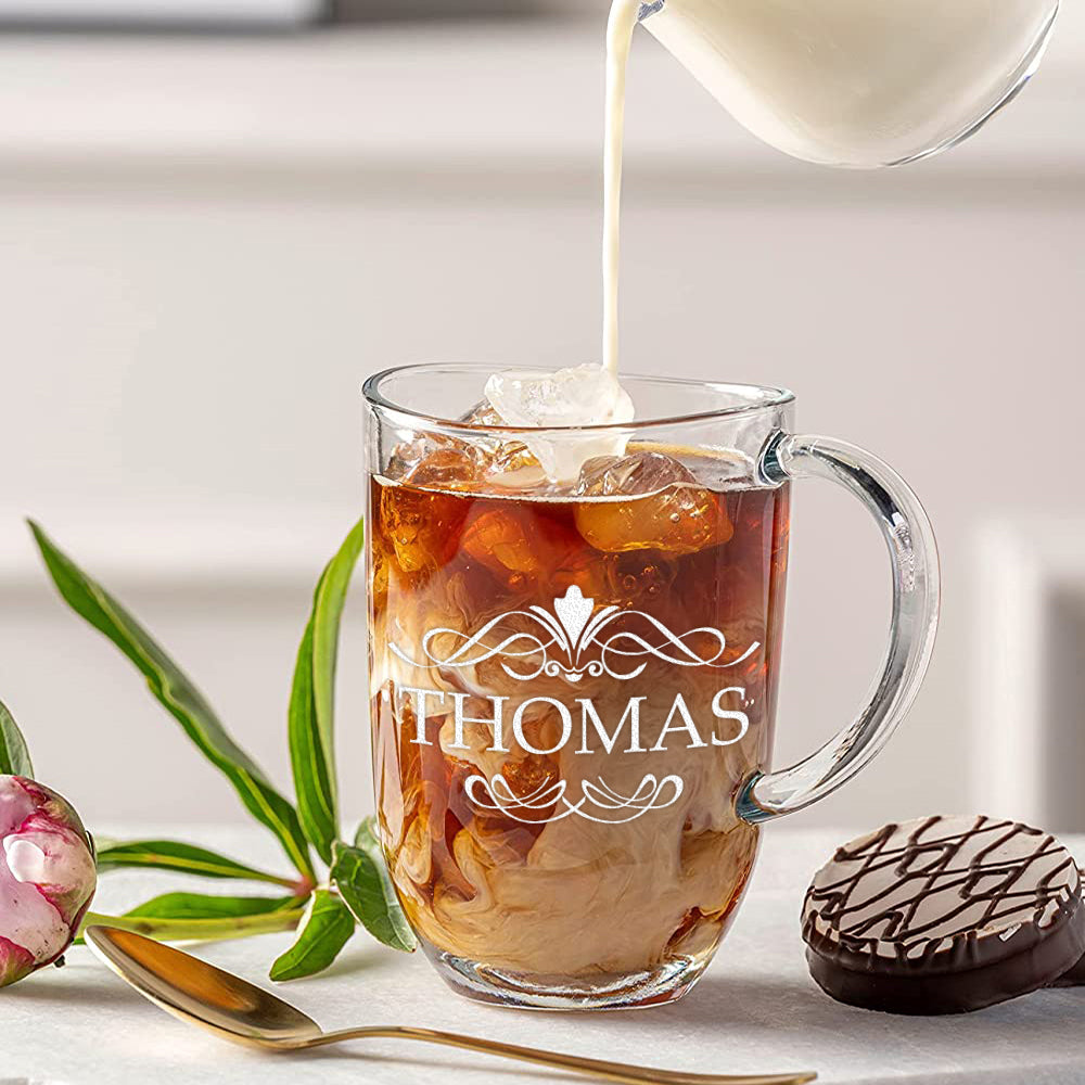 Glasbecher 380 ml für Kaffee & Tee mit Gravur - individuell personalisiert