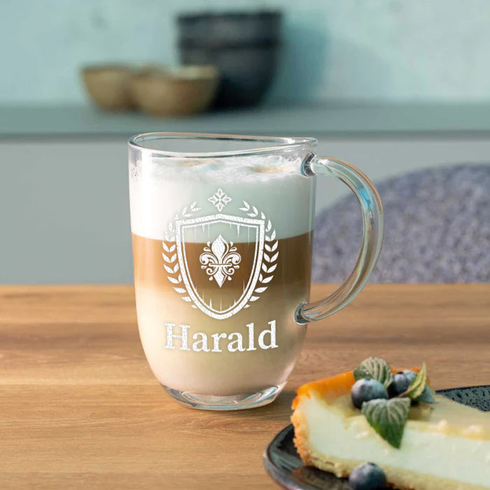 Trinkglas 380 ml für Kaffee & Tee mit Gravur - Motiv Fleur-de-lis