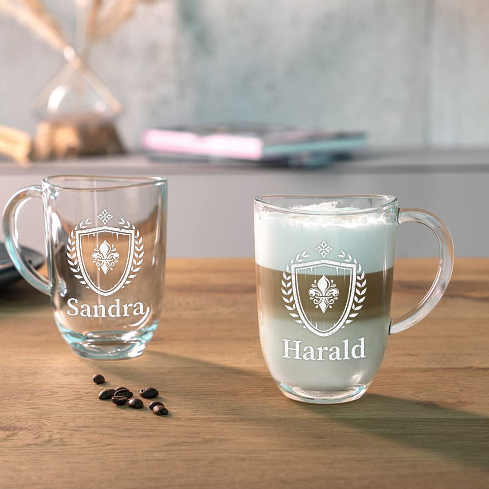 Trinkglas 380 ml für Kaffee & Tee mit Gravur - Motiv Fleur-de-lis