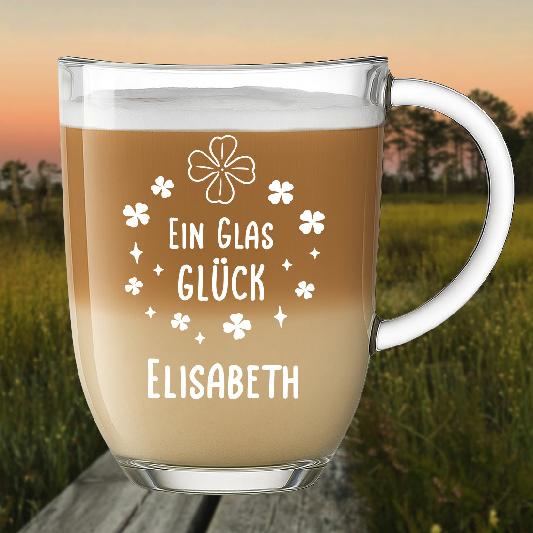 Kaffeeglas Becher 380 ml mit Gravur "Ein Glas Glück"