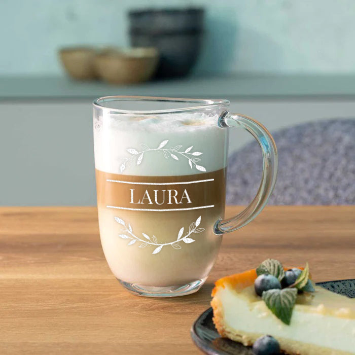 Kaffee Glasbecher 380 ml mit personalisierter Gravur - Motiv Blumenkreis