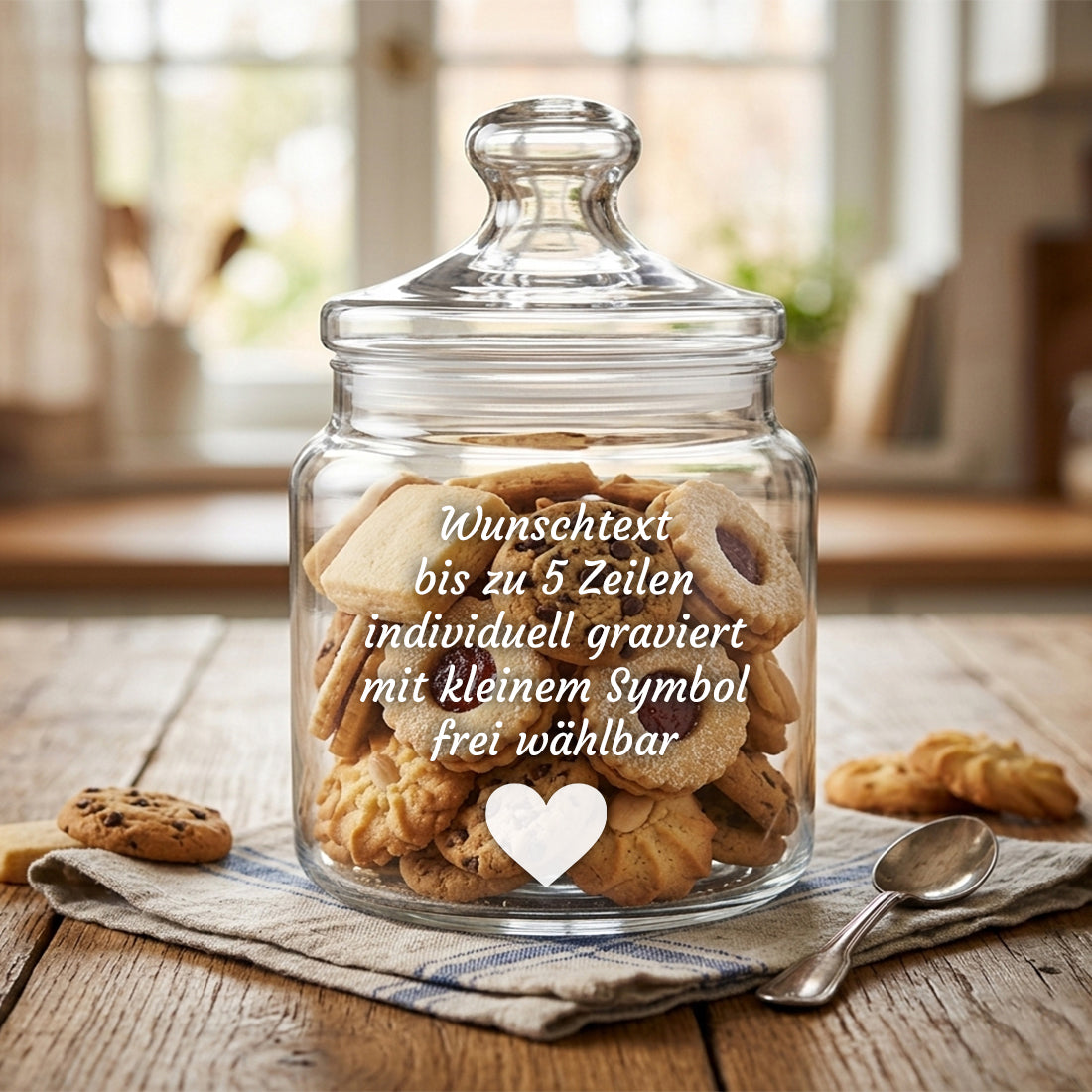 Personalisiertes Keksglas mit individuellem Gravurtext gefüllt mit Keksen in der Küche