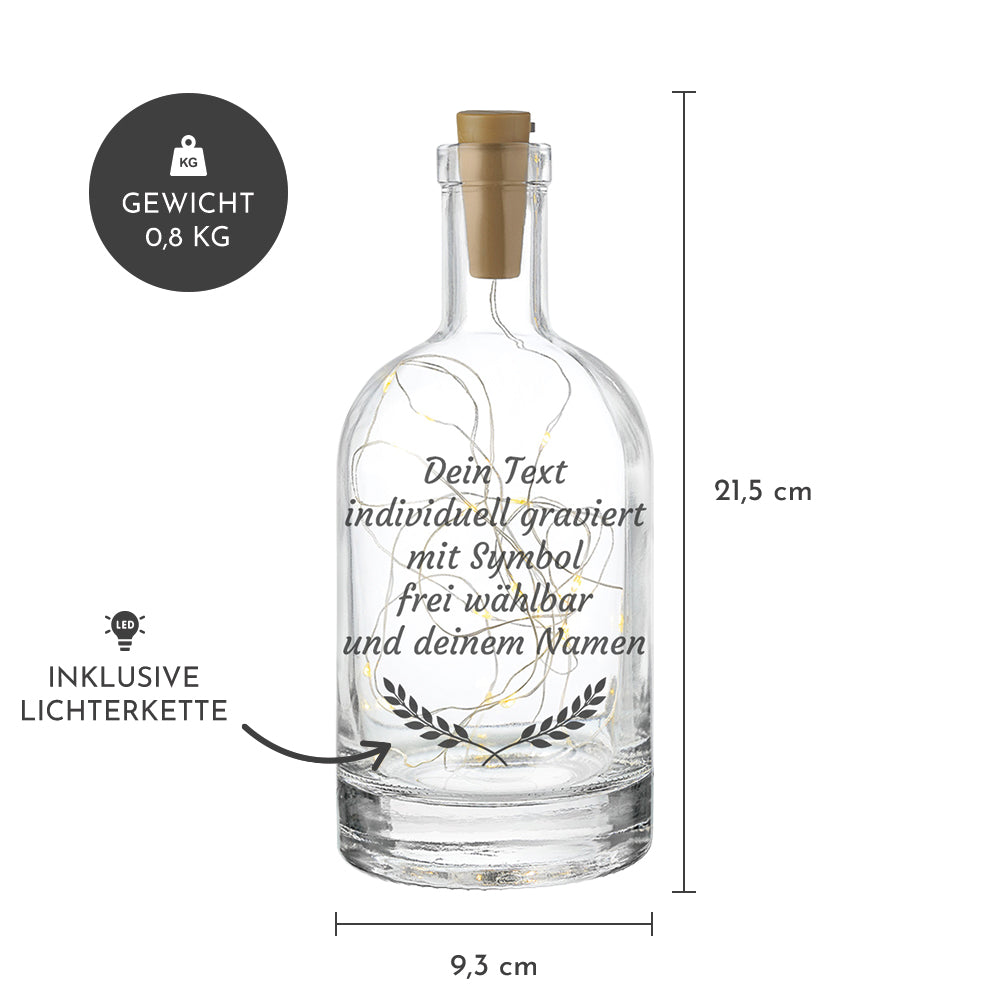 Ansicht der leuchtenden LED-Flasche im Dunkeln zur Veranschaulichung der gemütlichen Atmosphäre.