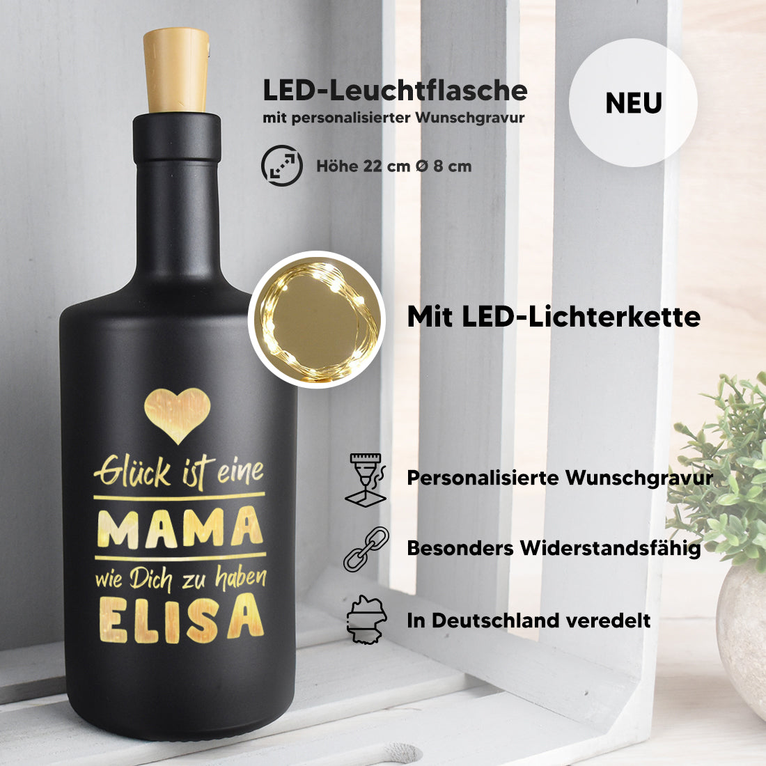 LED-Leuchtflasche in Schwarz für Mama mit Gravur