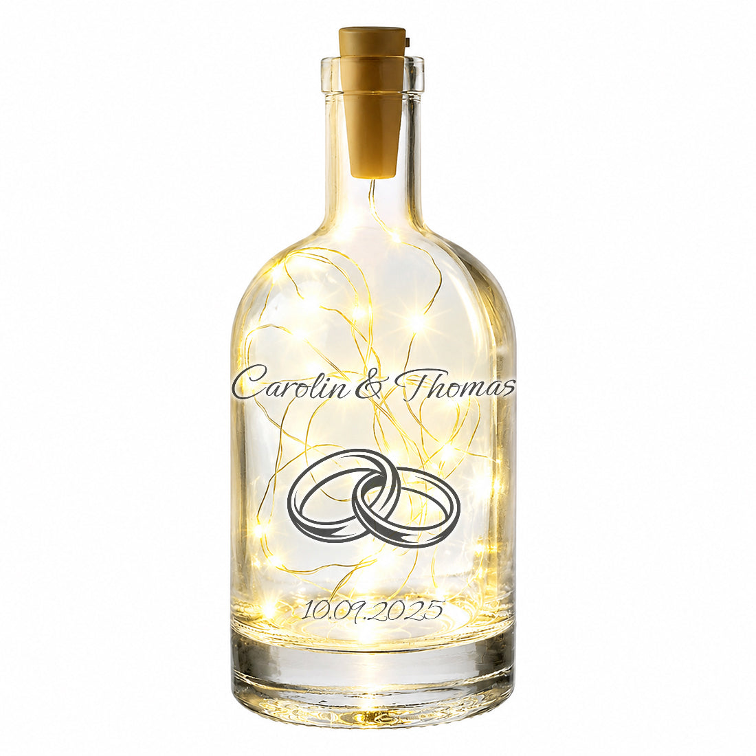 Personalisierte Leuchtflasche mit Eheringe-Motiv als Geschenk zur Hochzeit