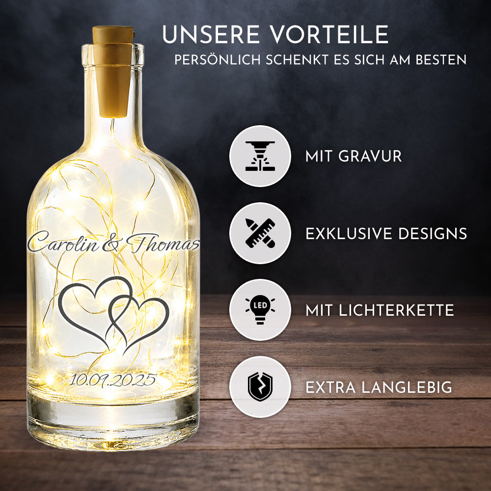 Produktvorteile der Leuchtflasche mit Gravur, exklusiven Designs und langlebiger LED-Lichterkette