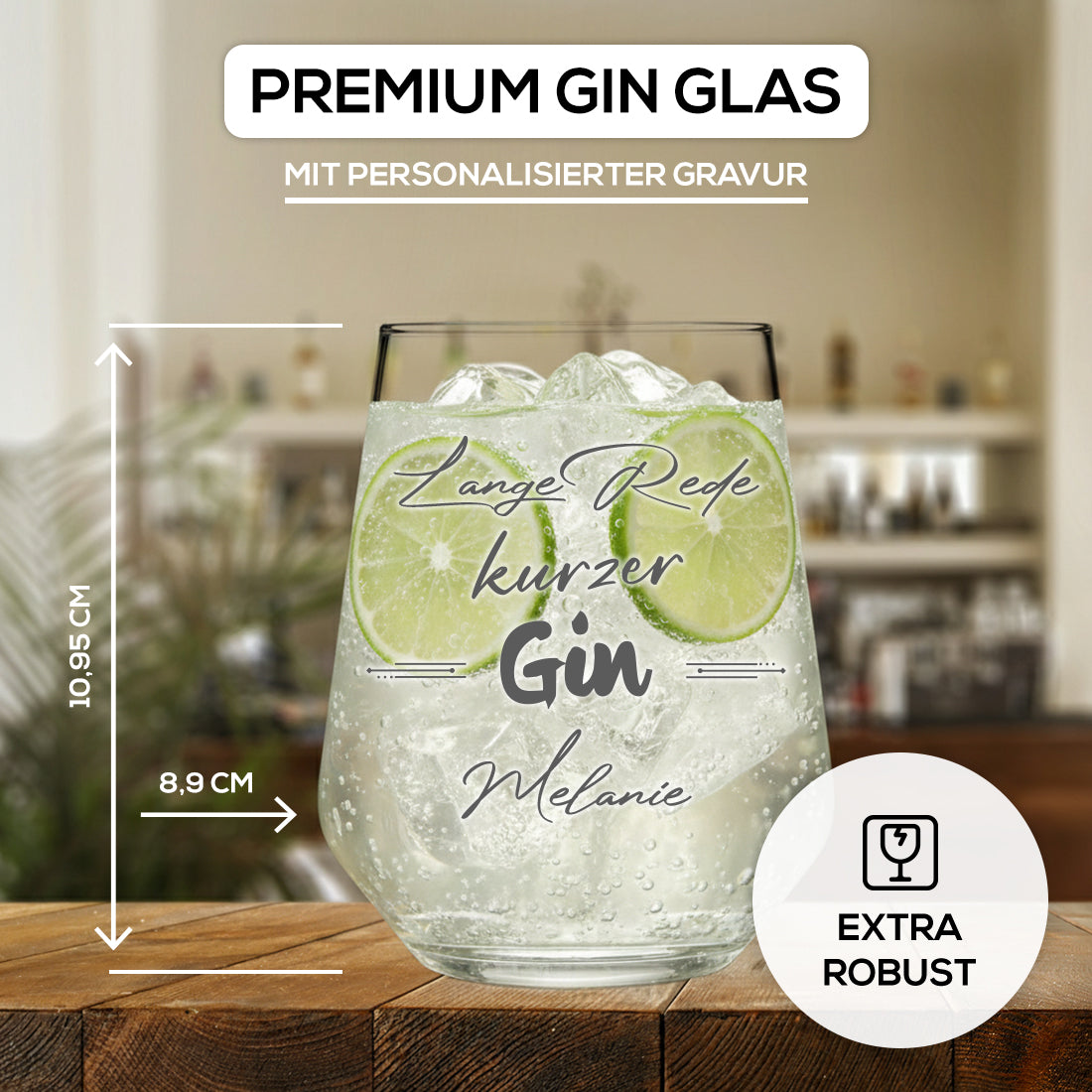 Personalisiertes Gin Glas 425 ml mit Gravur "Lange Rede kurzer Gin"