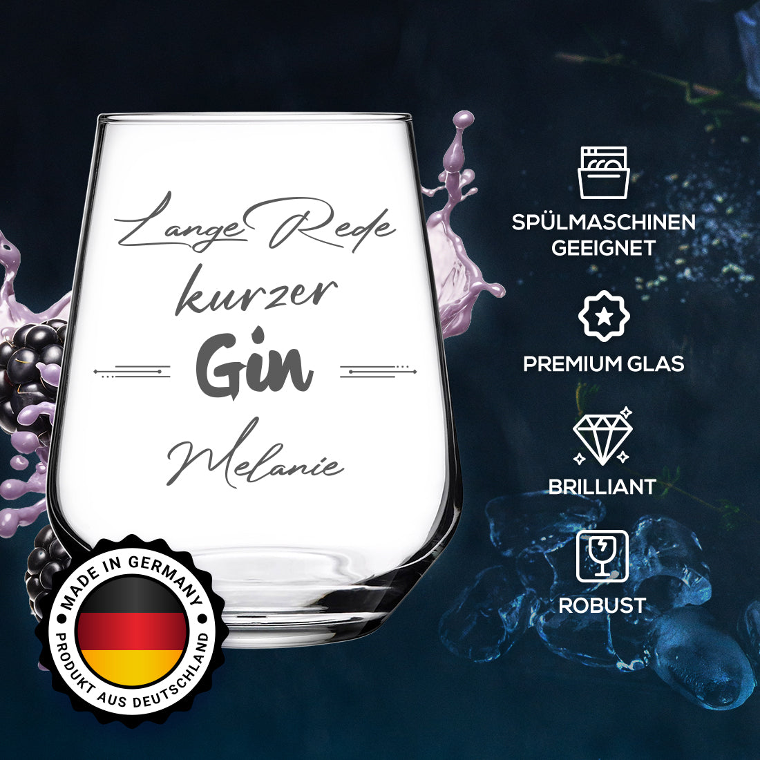 Personalisiertes Gin Glas 425 ml mit Gravur "Lange Rede kurzer Gin"