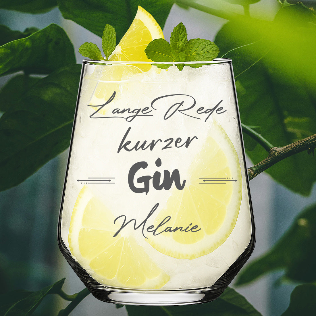 Personalisiertes Gin Glas 425 ml mit Gravur "Lange Rede kurzer Gin"