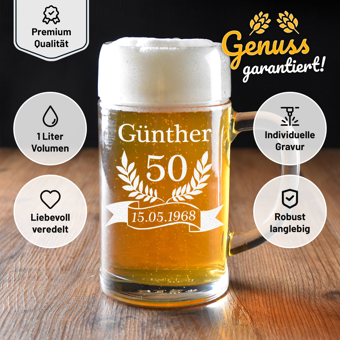 Maßkrug 1 Liter mit Gravur personalisiert - ideal als Geburtstagsgeschenk