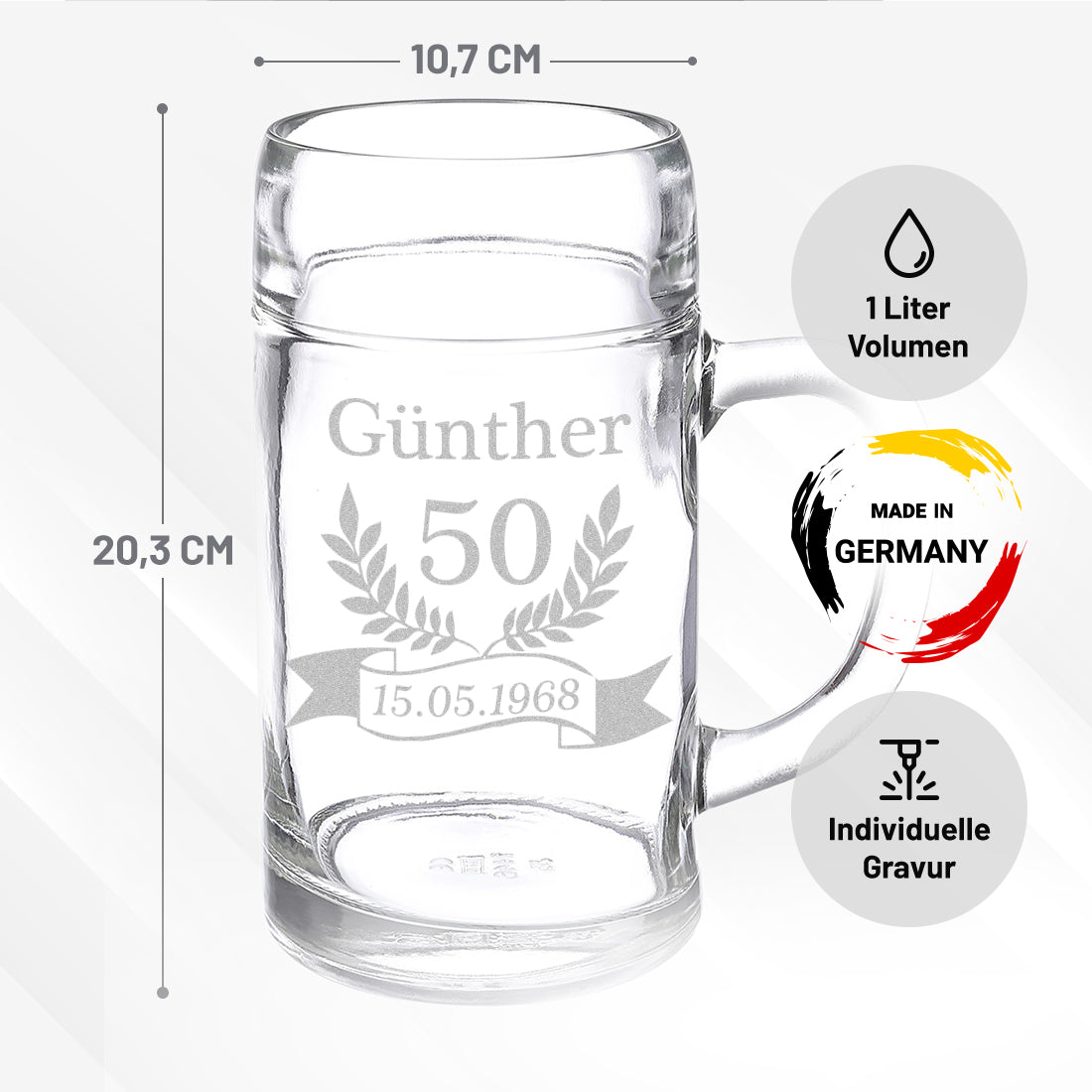 Maßkrug 1 Liter mit Gravur personalisiert - ideal als Geburtstagsgeschenk