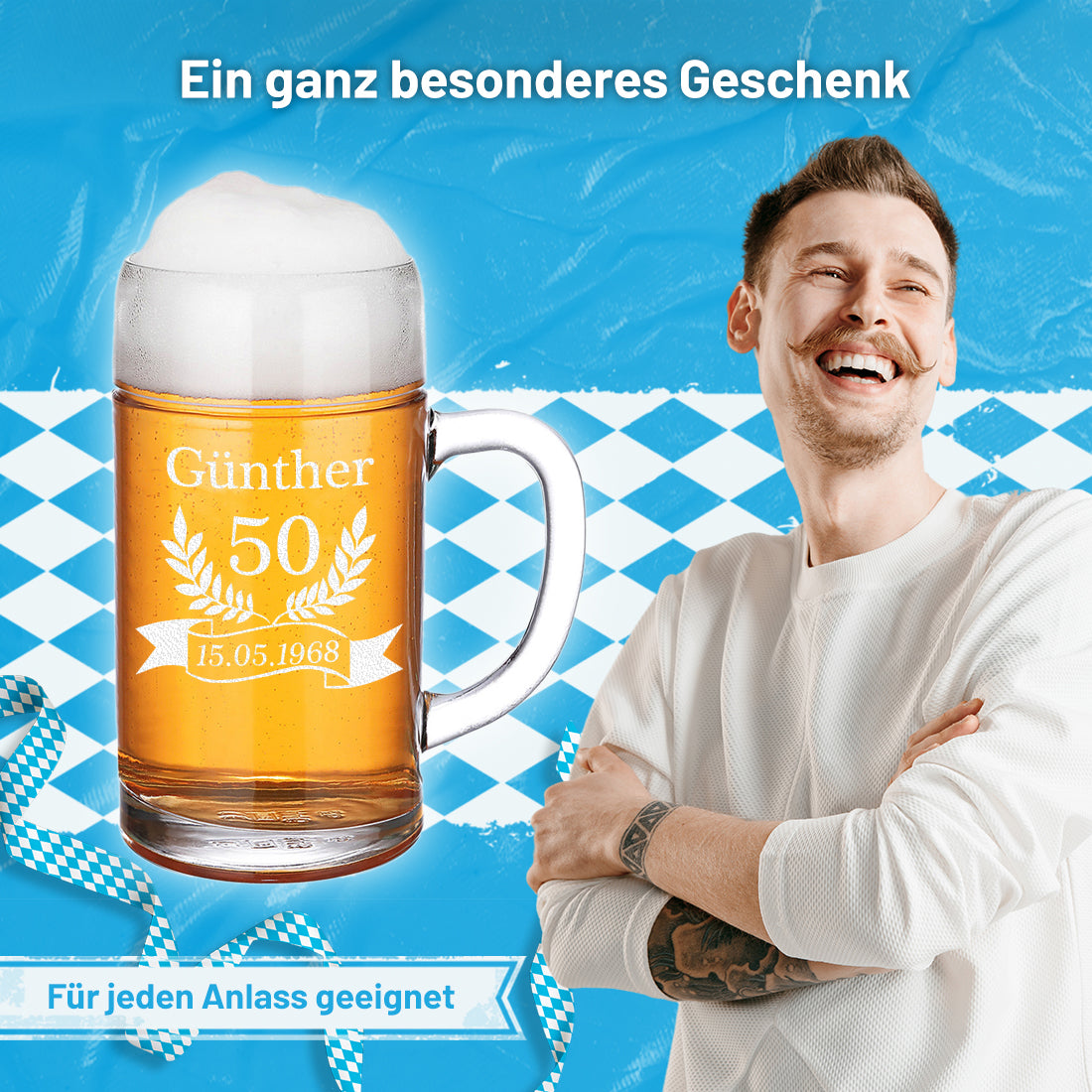 Maßkrug 1 Liter mit Gravur personalisiert - ideal als Geburtstagsgeschenk