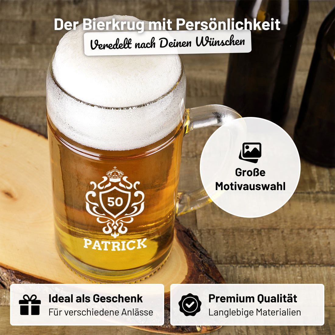 Maßkrug aus Glas 1 Liter mit personalisierter Wunschgravur