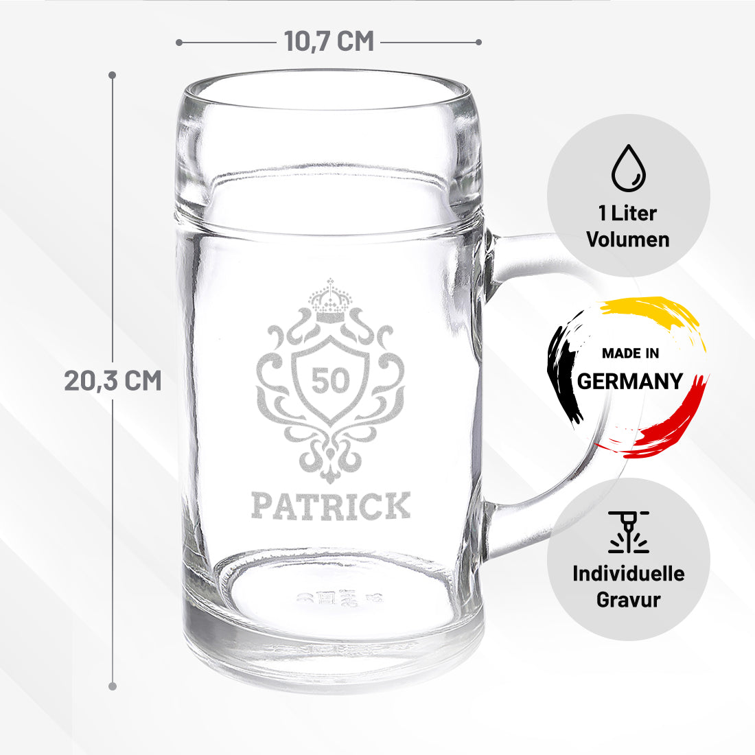 Maßkrug aus Glas 1 Liter mit personalisierter Wunschgravur