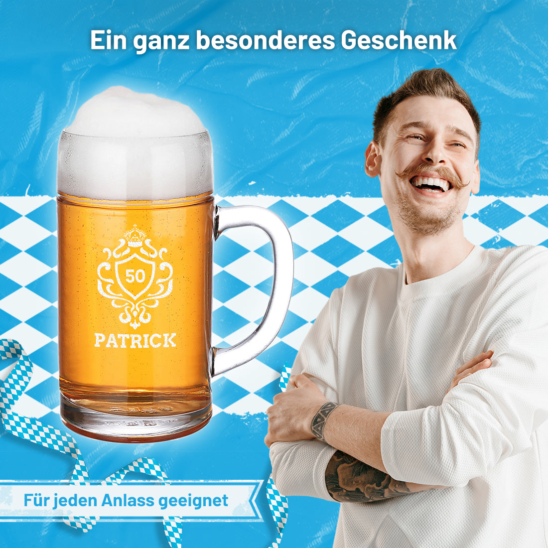 Maßkrug aus Glas 1 Liter mit personalisierter Wunschgravur