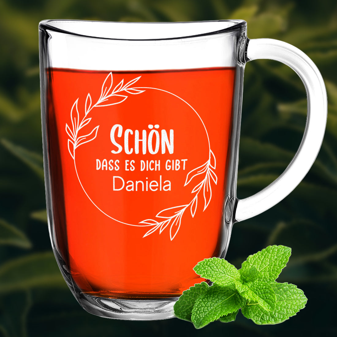 Teeglas groß 380 ml mit Motiv Gravur "Schön das es dich gibt"
