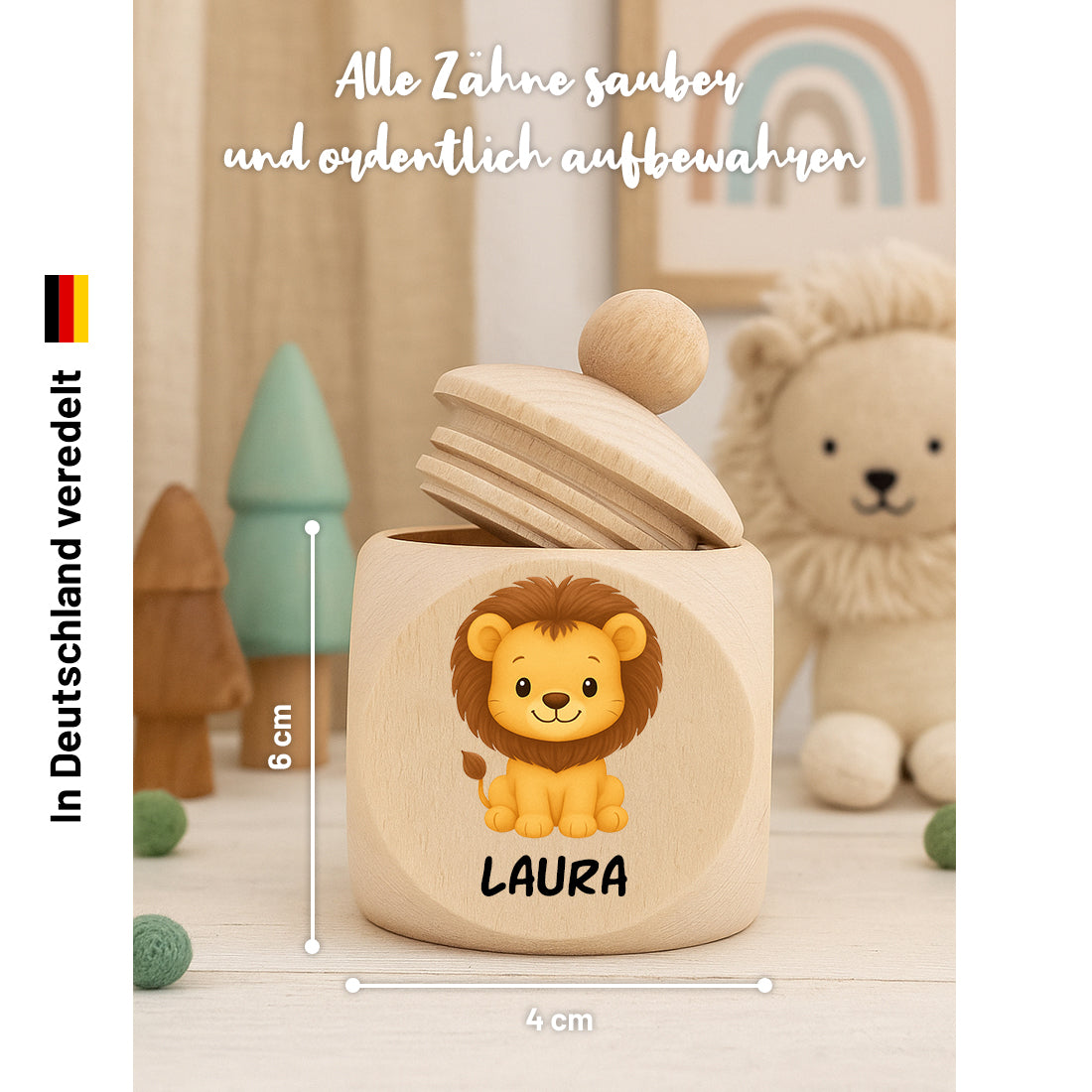 Personalisierte Milchzahndose für Kinder mit süßen Tiermotiven und Wunschname als Geschenk zur Geburt oder Zahnfee.