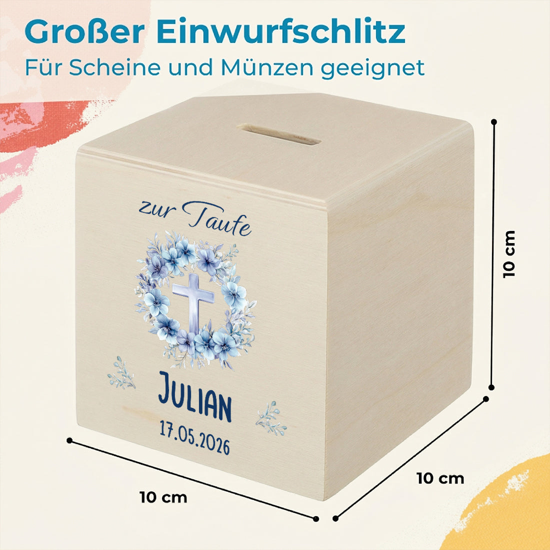 Taufgeschenk für Jungen: Blaue Aquarell-Blumen und Kreuz auf einem Holzwürfel.