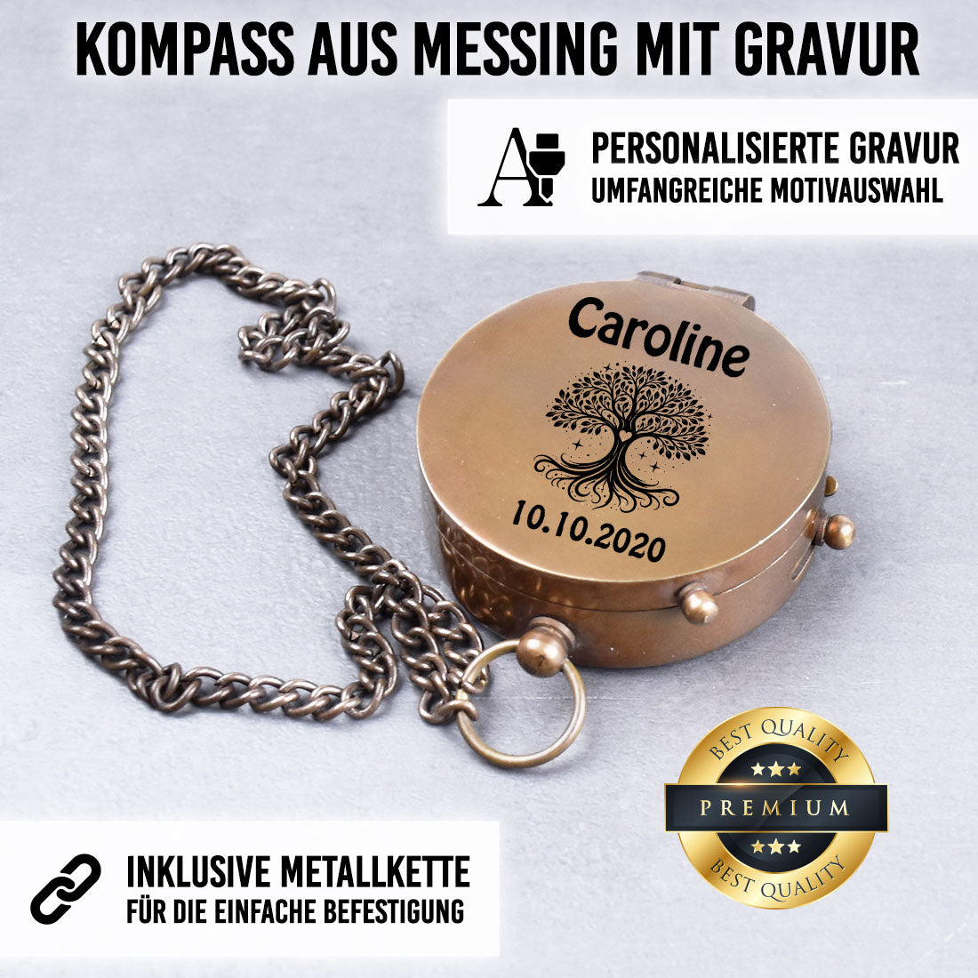 Antiker Messingkompass mit Metallkette und individueller Gravur Detailansicht